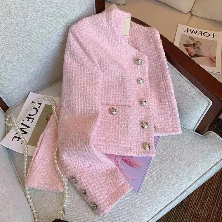 

Vintage Blended Spring AutumnTweed Jacket for Women 2024 Elegant Small Fragrance Korean Fashion Straight Short Coat Outwear A31