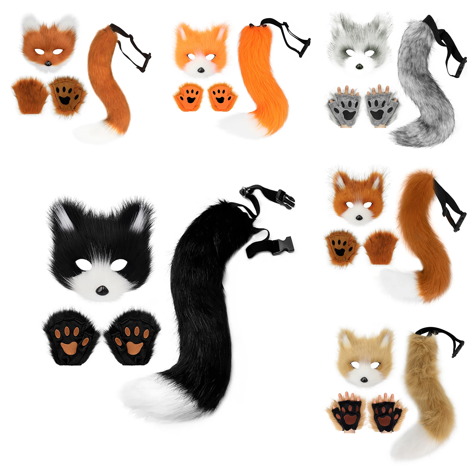 Mädchen Frauen Kunstpelz Fuchsschwanz Katze Wolf Cosplay Kostüm Set Plüschmaske Flauschige Pfotenhandschuhe Halloween Weihnachtsfeier