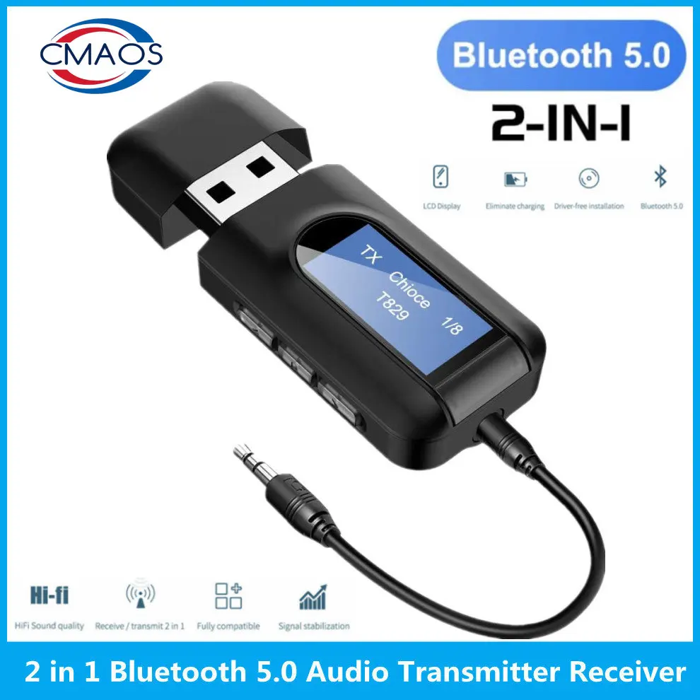 Receptor y transmisor de Audio USB con Bluetooth 5,0, pantalla LCD de 3,5 MM,  AUX, RCA, adaptador inalámbrico estéreo, Dongle para PC, TV, auriculares de  coche