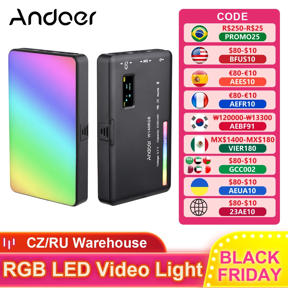 Lampe Vidéo LED Andoer W140 RGB - CRI95+, 2500K-9000K, 20 Effets, Rechargeable USB-C, Pour Photo/Vidéo