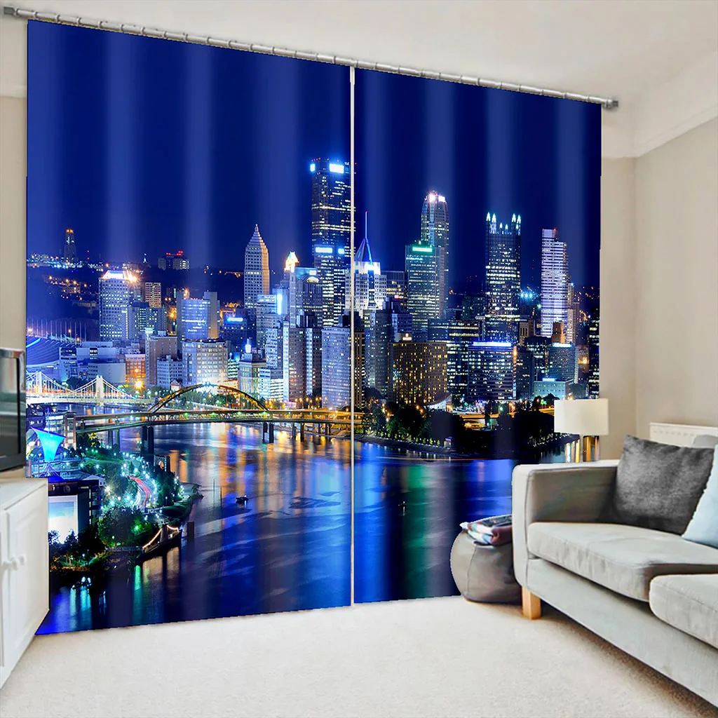 

Night of View City Skyline Shading Thermal Window Curtains Famous Modern Urban Town Metropolis Panorama Living Room Drapes