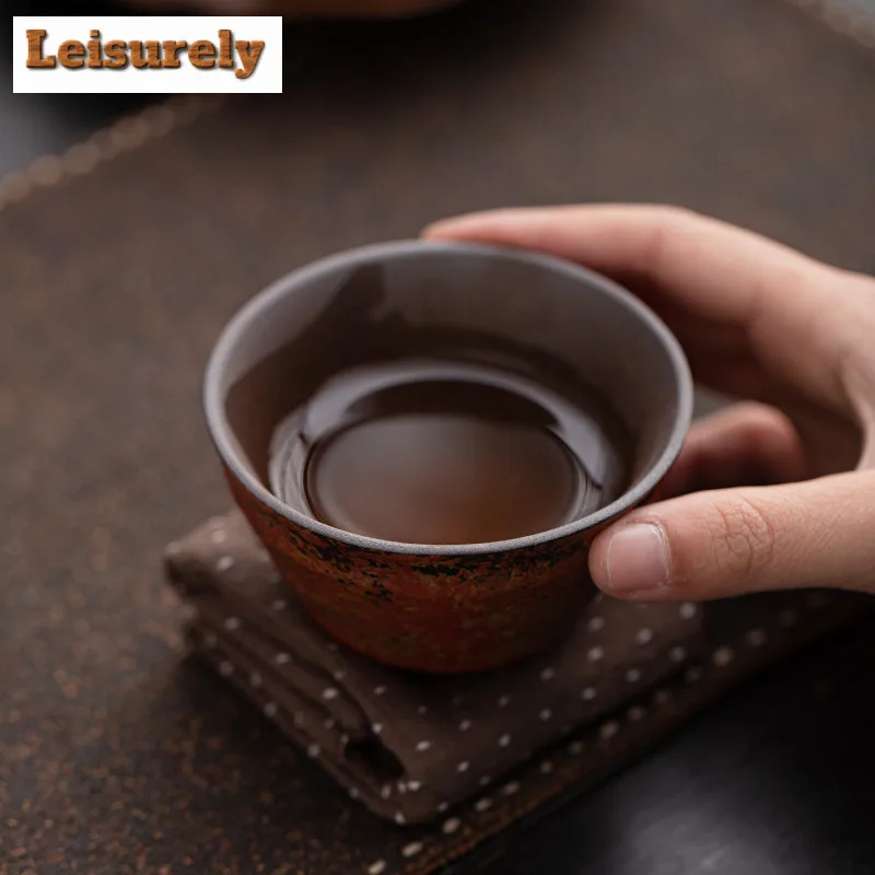 130ml Old Rock Mud Filled Mountain Red Jun Bell Teacup Zen Tea Bowl Mug Tea-tasting Fragrance Cup Jianzhan Master Cups Cha Craft