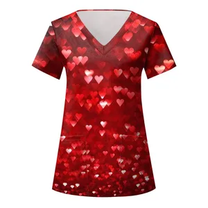 Valentine Day Nurse Uniform Women Heart Love Print Medical Scrubs Working Short Sleeve Uniform Blouse Scrubs Nursing Working