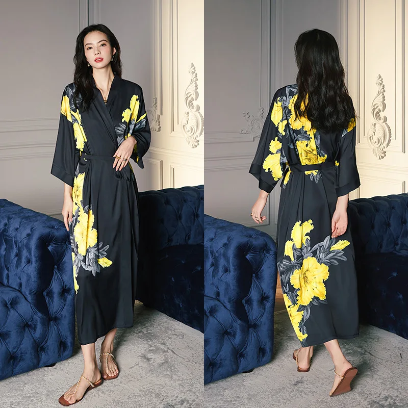 Summer Women Robe Bathrobe Loungewear Pajamas Satin Ice Silk Sleepwear Plus Size Luxury Print Long Nightwear Pyjama Pour Femme