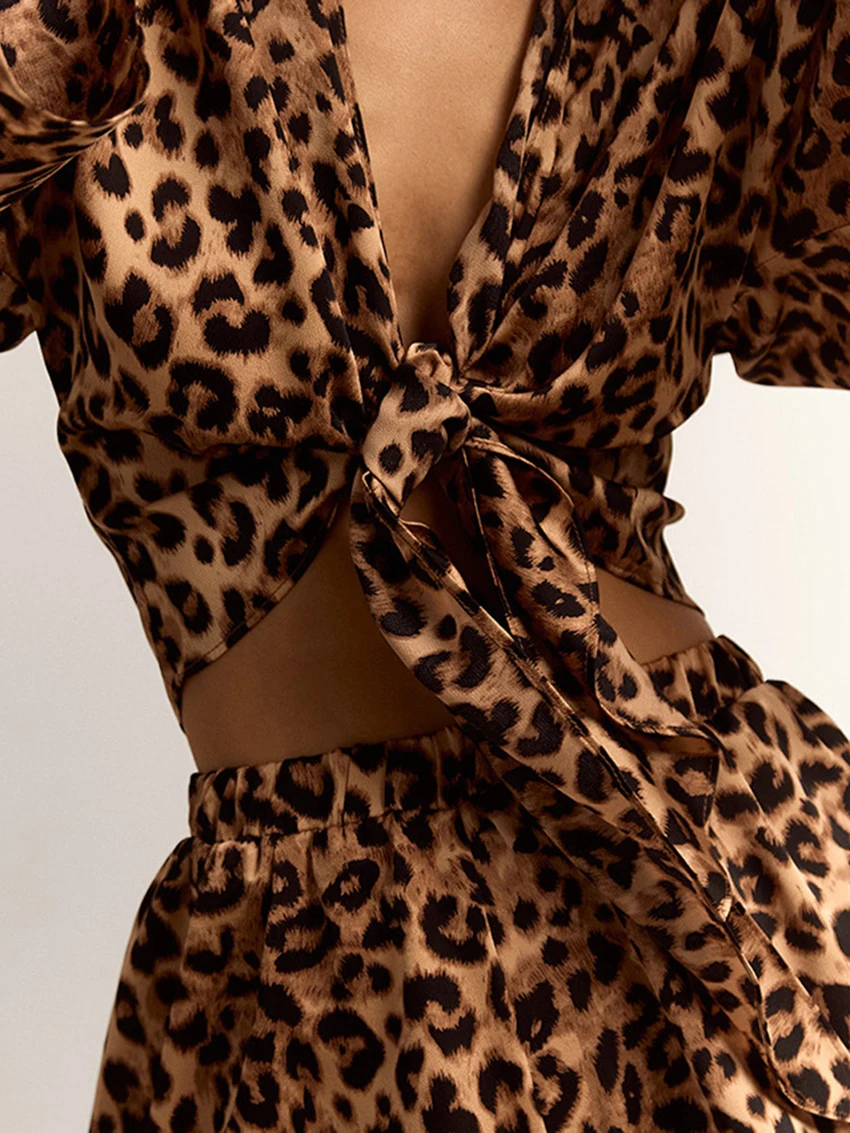 Marthaqiqi Leopard Print Women Sleepwear Set Long Sleeve Pyjama Sexy V-Neck Pajama Tank Tops Nightie Shorts Femme Nightwear Suit