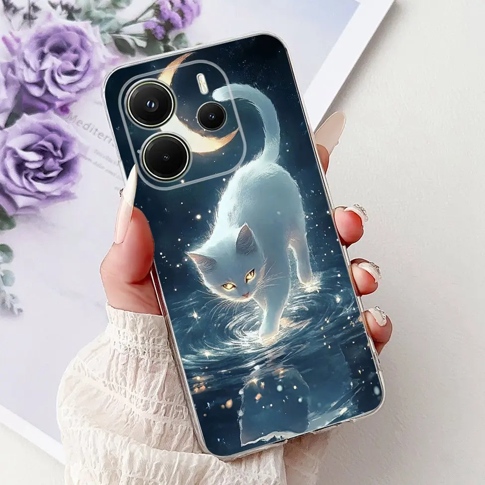 Clear Aesthetic Luxury Cute Cat & Floral Painted Soft Phone Case Cover