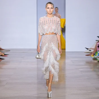 شارون سعيد-فساتين سهرة بالريش الأبيض للنساء ، فساتين حفلات قصيرة للحفلات الراقصة ، ميدي مطرز ، زفاف فاخر ، دبي ، SS363 ، 2 قطعة 1