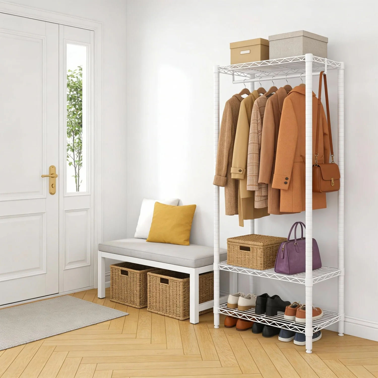 Verstellbarer 3-stufiger Metall-Kleiderständer - Kleiderschrank-Organizer mit Ablagefächern für Schlafzimmer, Waschküche - 1 Kleiderstange – Detail 8