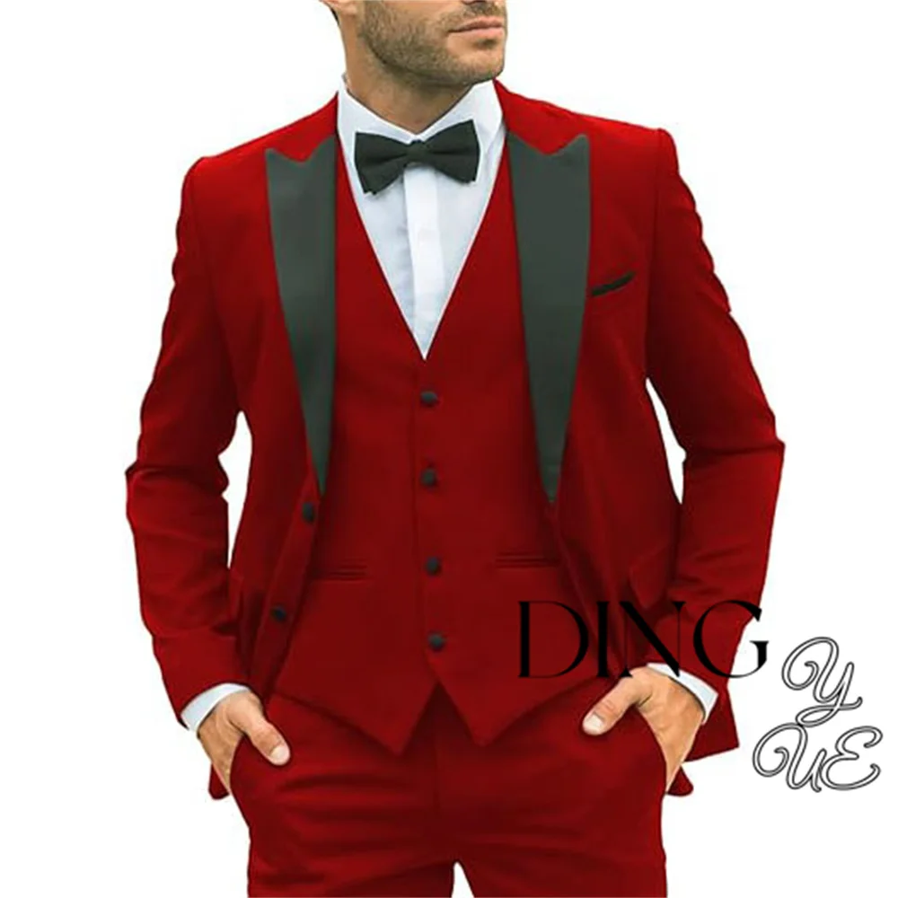 Fashion Men's Suits Regular Fit 3 Piece Tuxedos Peak Lapel Blazer Vest Pants for Evening Party