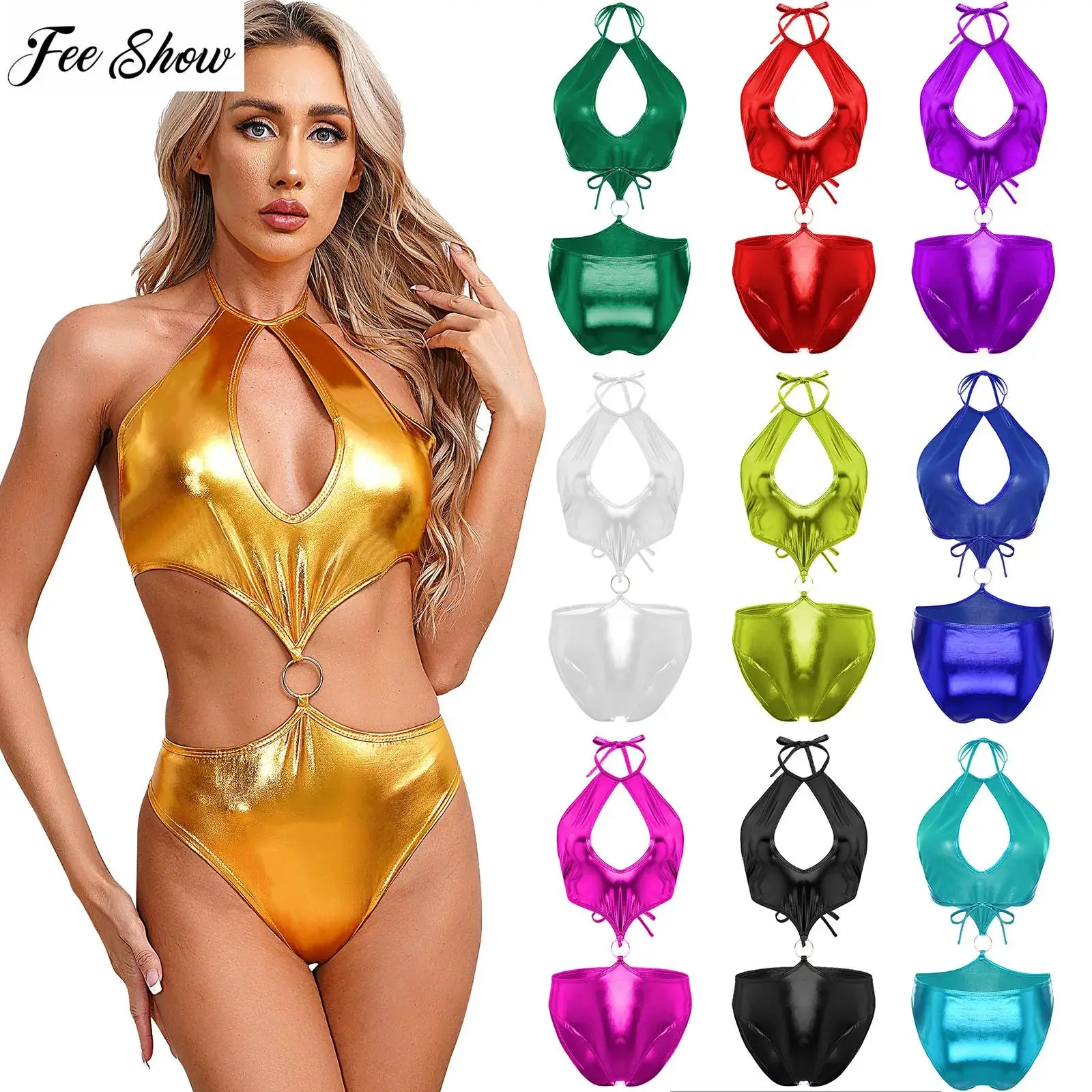 

Women Metallic Shiny One-Piece Bodysuit Self-Tie Backless Keyhole O-Ring Thong Bikini Bathing Suit for Beach Pool Swimwear
