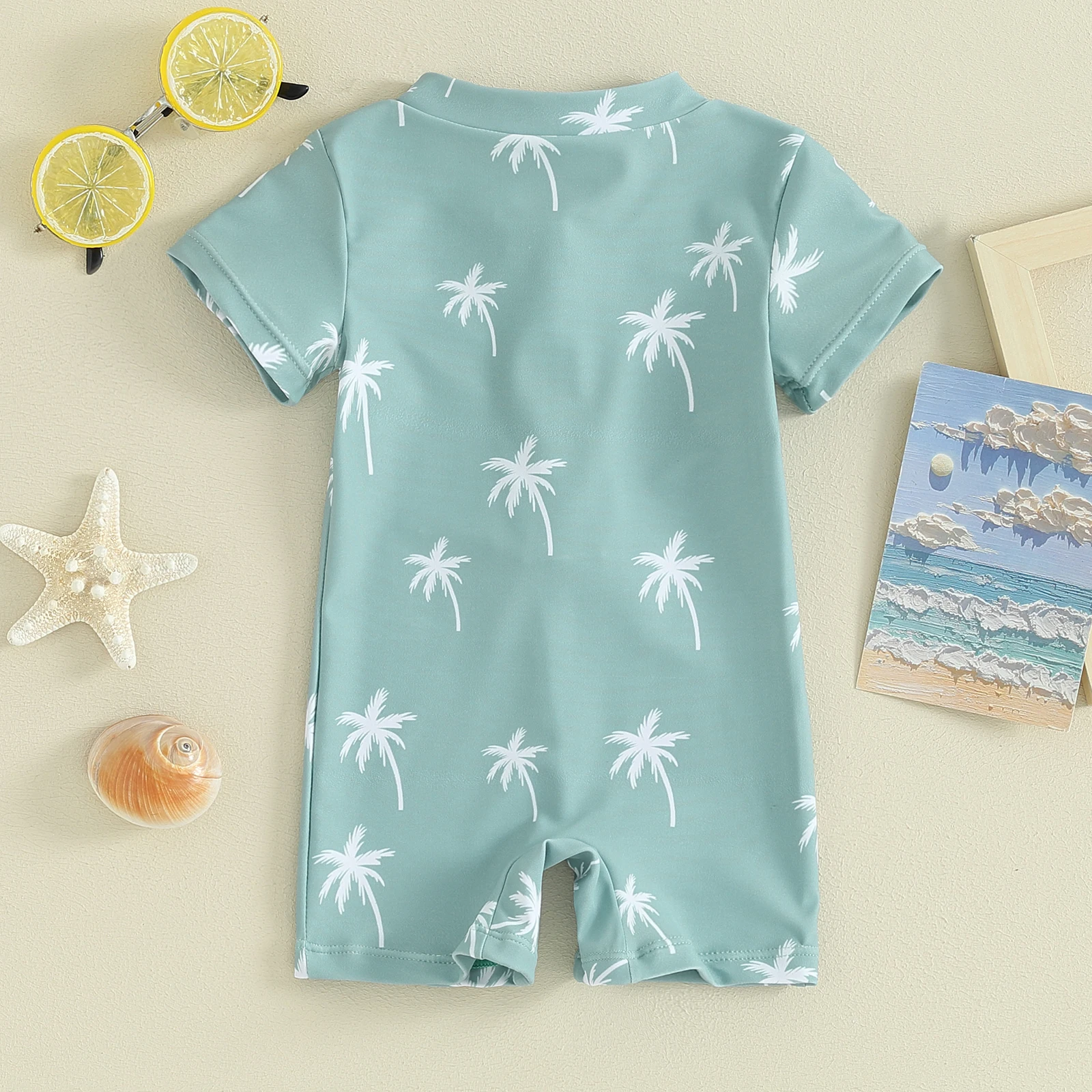 Kids Boys Summer Swimsuit Casual Tree/Dinosaur Print Zipper Short Sleeve Jumpsuit Swimwear Beachwear Bathing Suit 0-3T