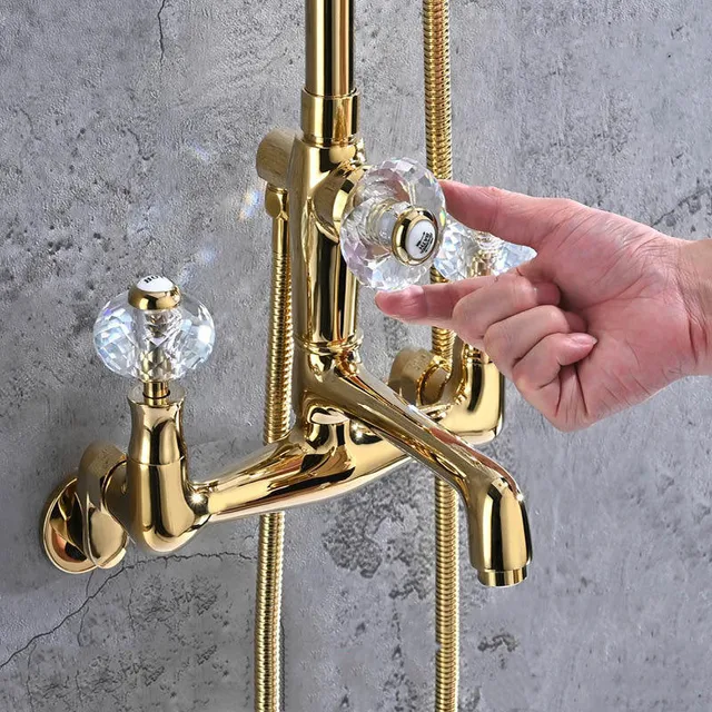 ชุดก๊อกน้ำฝักบัวคริสตัลสไตล์ฝนติดผนังหรูหราอ่างอาบน้ำก๊อกน้ำทองเหลืองทองโครเมียมมาใหม่ 1