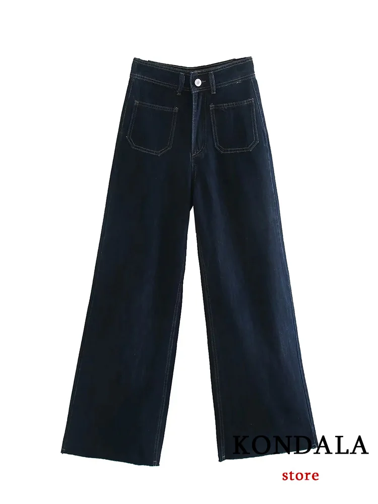 

Винтажные повседневные шикарные женские джинсовые брюки KONDALA, однотонные прямые свободные широкие брюки на молнии с карманами, новые модные осенние брюки 2023
