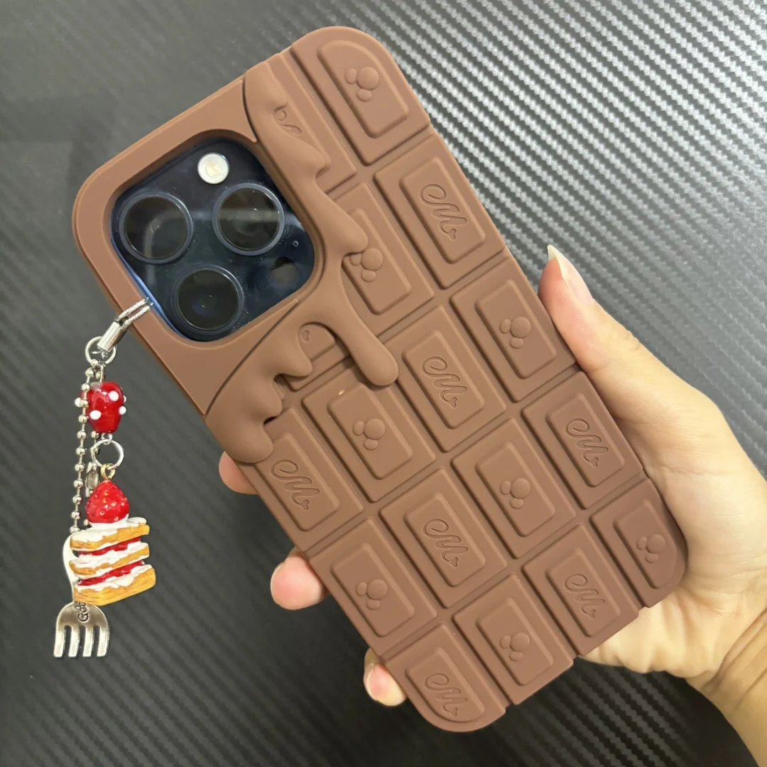 3D Cartoon Chocolate Silicone Case with Strawberry Cake Pendant Cover