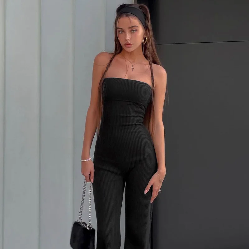 InsLike Tube Sexy Ribbed Black Strapless Sexy Skinny One Piece Jumpsuit Summer Fashion Women Streetwear Vacation Romper Overalls