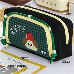 Vintage Checkered Cartoon Puppy Large Capacity Pencil Case - Cute Unisex Stationery Pouch (Apple Puppy)