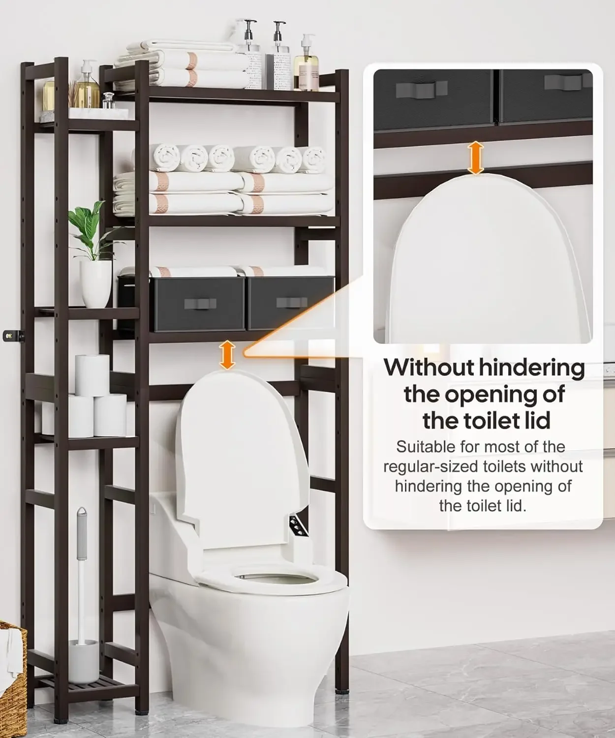 with Basket and Drawer, Bamboo Bathroom Organizer with Adjustable Shelf & Waterproof Feet Pad, Rack for Restroom, Laundry, Brown 3