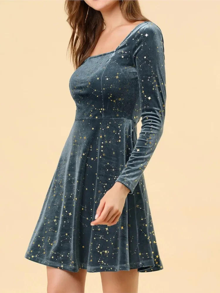 

Starry Sky Sequin Velvet Mini Dresses Women Spring Autumn Fashion Temperament Short A-line Pleated Dress Elegant Lady Clothing