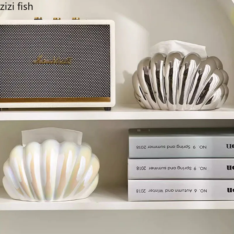 Ceramic Tissue Box Silver Shell Clamshell Desktop Cute Storage Container Napkin Paper Box Household Removable Tissue Box 3
