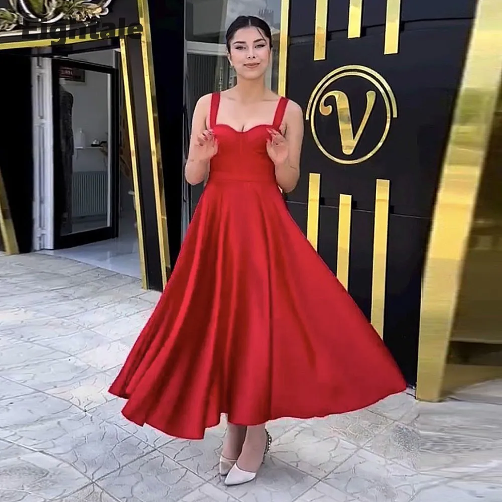 

Eightale Simple Evening Dresses Satin Spaghetti Strap A-Line Backless Red Short Prom Party Gown Graduation Vestido De Fiesta