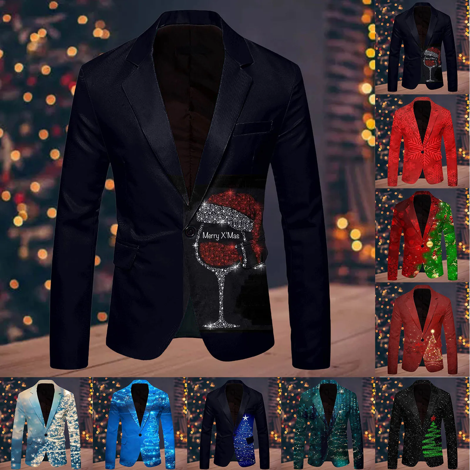 Men'S Single One Button Christmas Printed Casual Suit Jacket Fashionable Mens Fashion Leisure Christmas Printed Pocket Suit