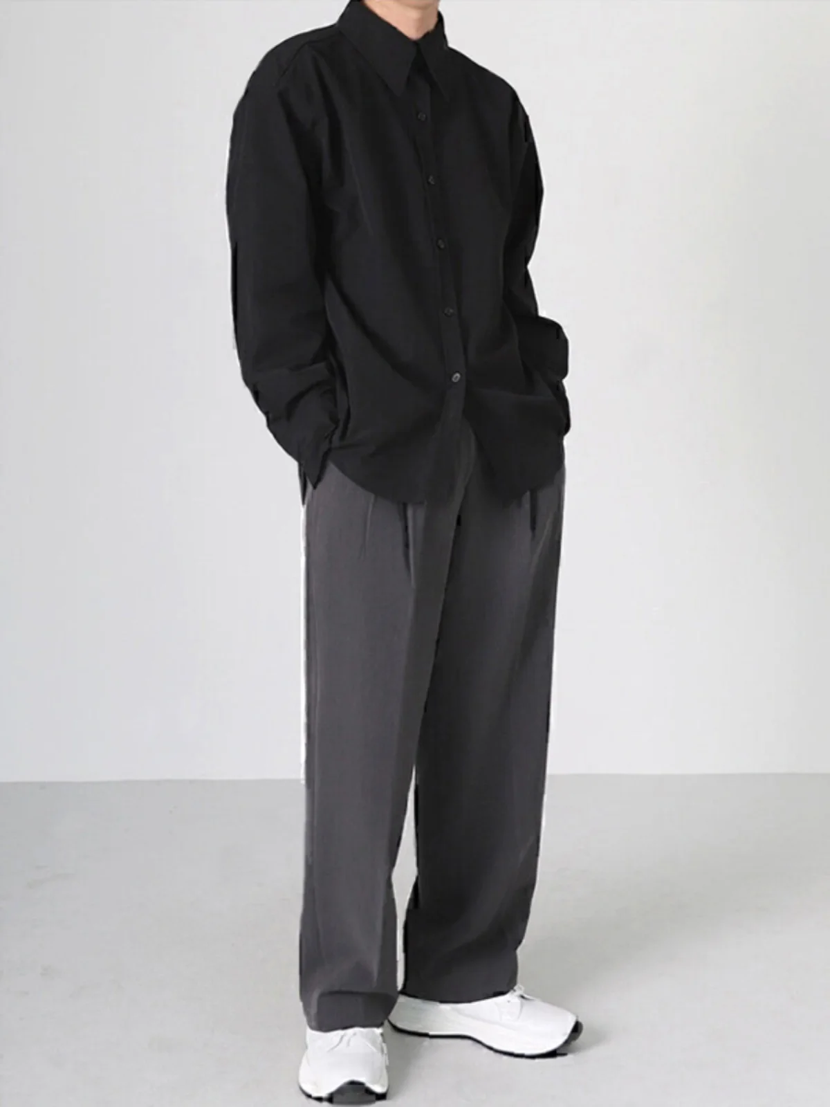 Black Casual Formal Long Sleeve Shirt for Men Spring Autumn Business Wear Iron Free White Outerwear Trendy And Handsome - 4