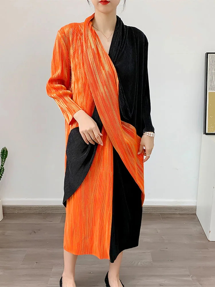 AnsmanPrintedPleatedDressForWomenHighEndDesignerSplicedVneckLongSleevesSlim