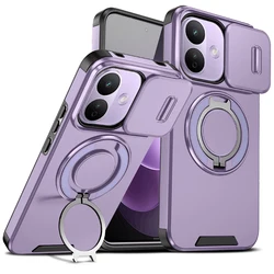 Magnetic Dropproof Phone Case with Rotatable Ring Stand and Slide Camera Cover for Redmi Note 17 Pro 5G (Purple)