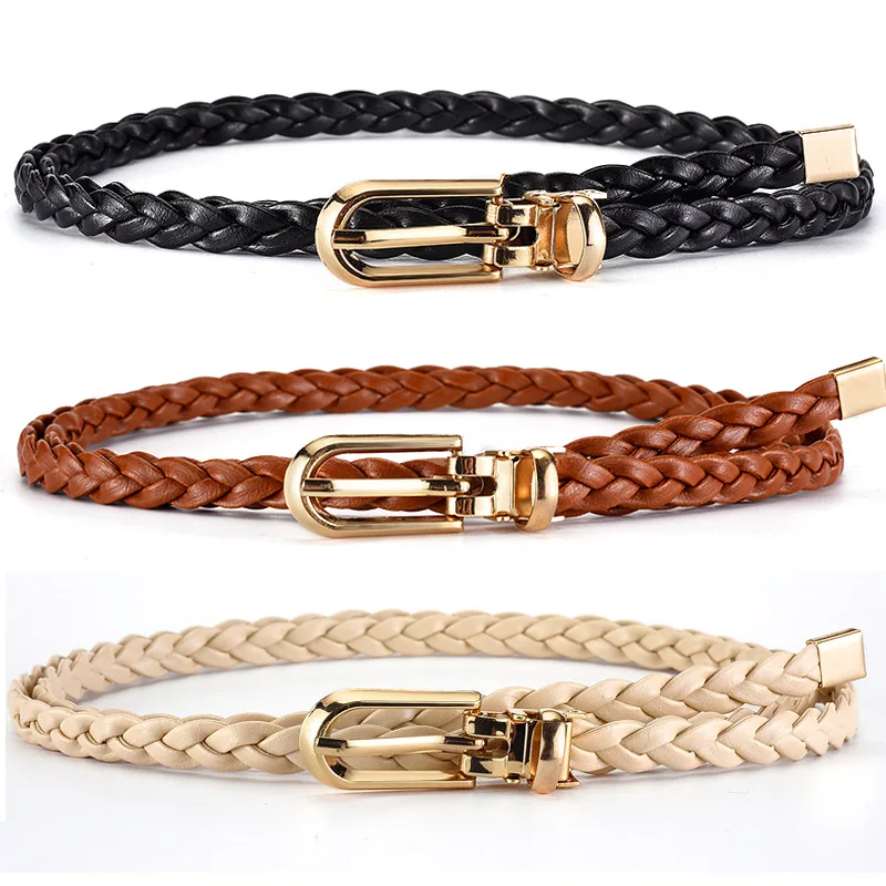 PU Leather Braided Thin Belt For Women Dress Shirt