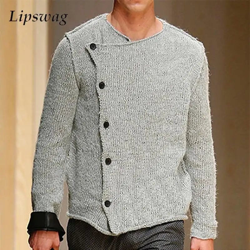 

Streetwear Men Sweater Irregular Buttoned Design Sweater Cardigan For Mens Autumn Fashion Solid Color Long Sleeve Knitted Jacket