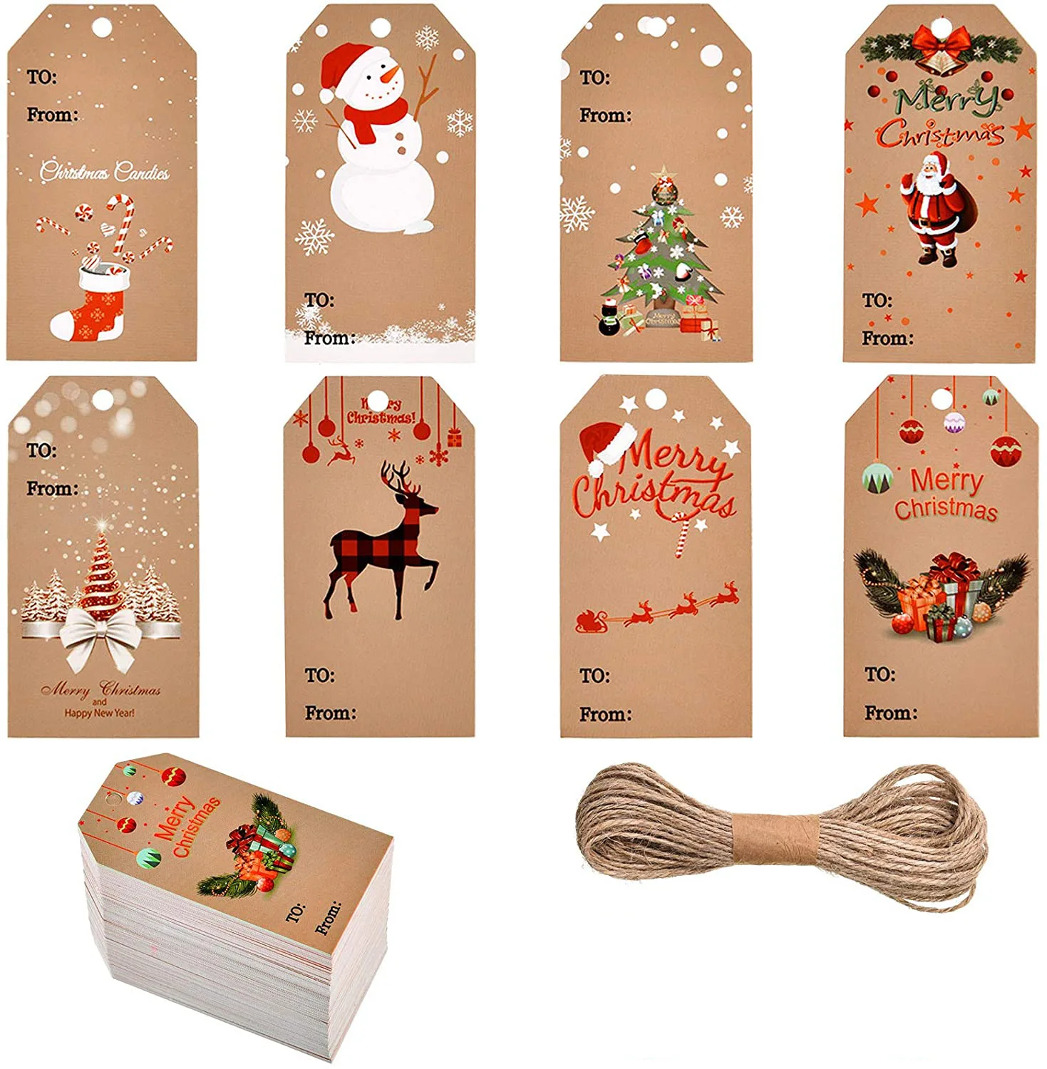 50 Pieces Christmas Gift Tags Xmas Brown Kraft Paper Hanging Tags with  Twine String DIY Xmas Holiday Present Wrap Stamp and Label Package Name  Card Christmas Party Decoration 