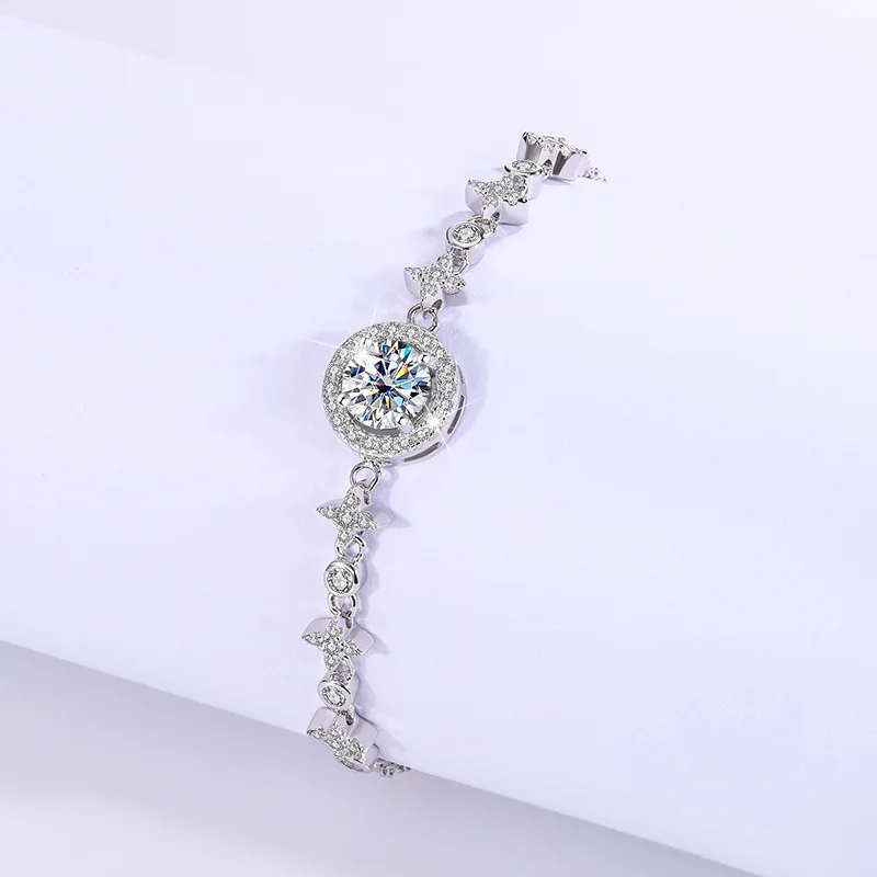 JECIRCON 925 Sterling Silver Moissanite Bracelet for Women Full of Stars and Moon Push-pull Adjustable Hand Jewelry Gift 1ct