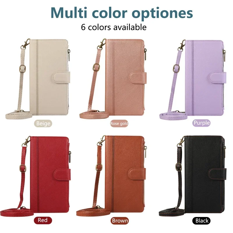 Zipper Leather Flip Wallet Phone Case with Lanyard and Card Holder