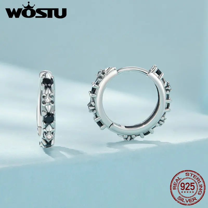 WOSTU Solid 925 Sterling Silver Black Zircon Onyx Hoop