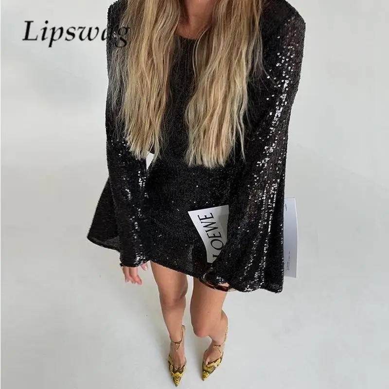 

Элегантное женское однотонное облегающее платье на молнии, новинка 2023, женское платье-мини с круглым вырезом, расклешенные Модные платья с блестками и длинным рукавом