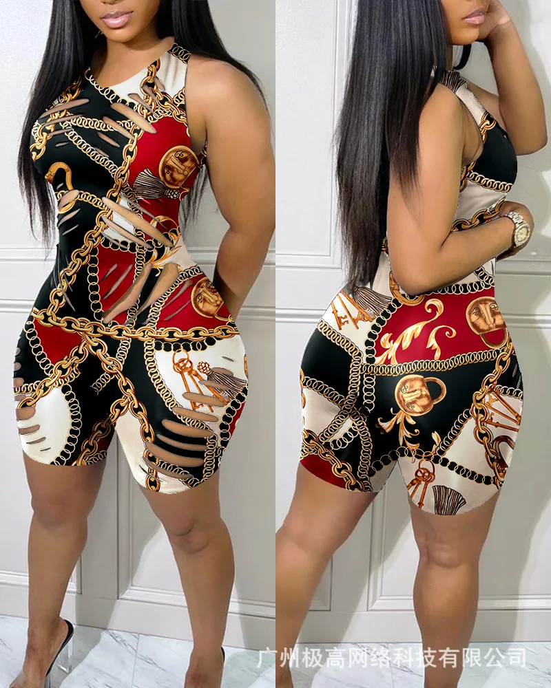 

2023 Women's New Summer Printing Slim Jumpsuit, Sleeveless Hollow Sexy Tight Jumpsuit Shorts for Women