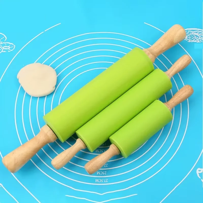 Rolling Pin Non-Stick Silicone Wooden Handle Pastry Dough Flour Roller Kitchen Cooking Baking Tool For Pasta Cookie Dough