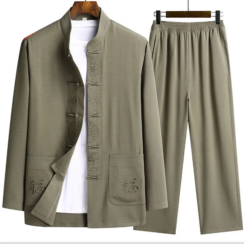 

USHINE Men's Chinese Style Tang Suit Long Sleeve Set Tai Chi Suit Han Suit Solid Color Casual Shirt Men's Pants Kung Fu Uniform