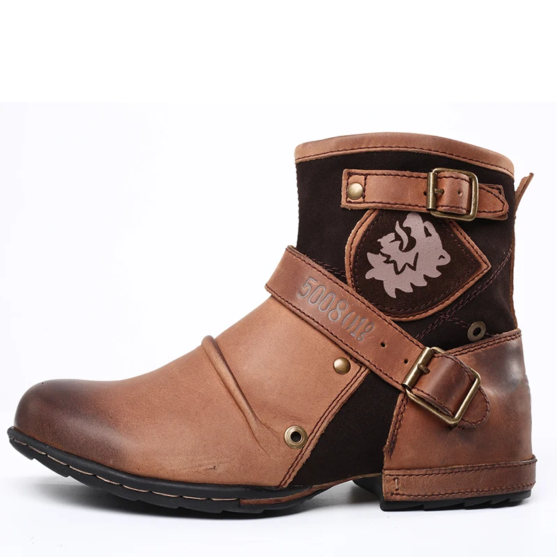 WInter Fashion Men's Shoes Boots Warm Leather Vintage Motorcycle Male Boots Riding Retro Metal Style Zippers Men's Shoes