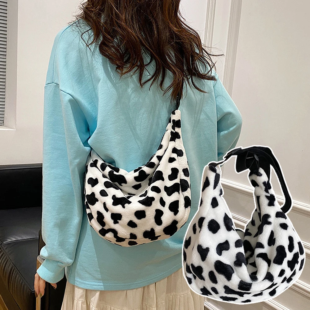 

Fashion Women Cow Print Shoulder Bags Female Winter Plush Handbags Casual Large Capacity Ladies Messenger Bags Crossbody Bag