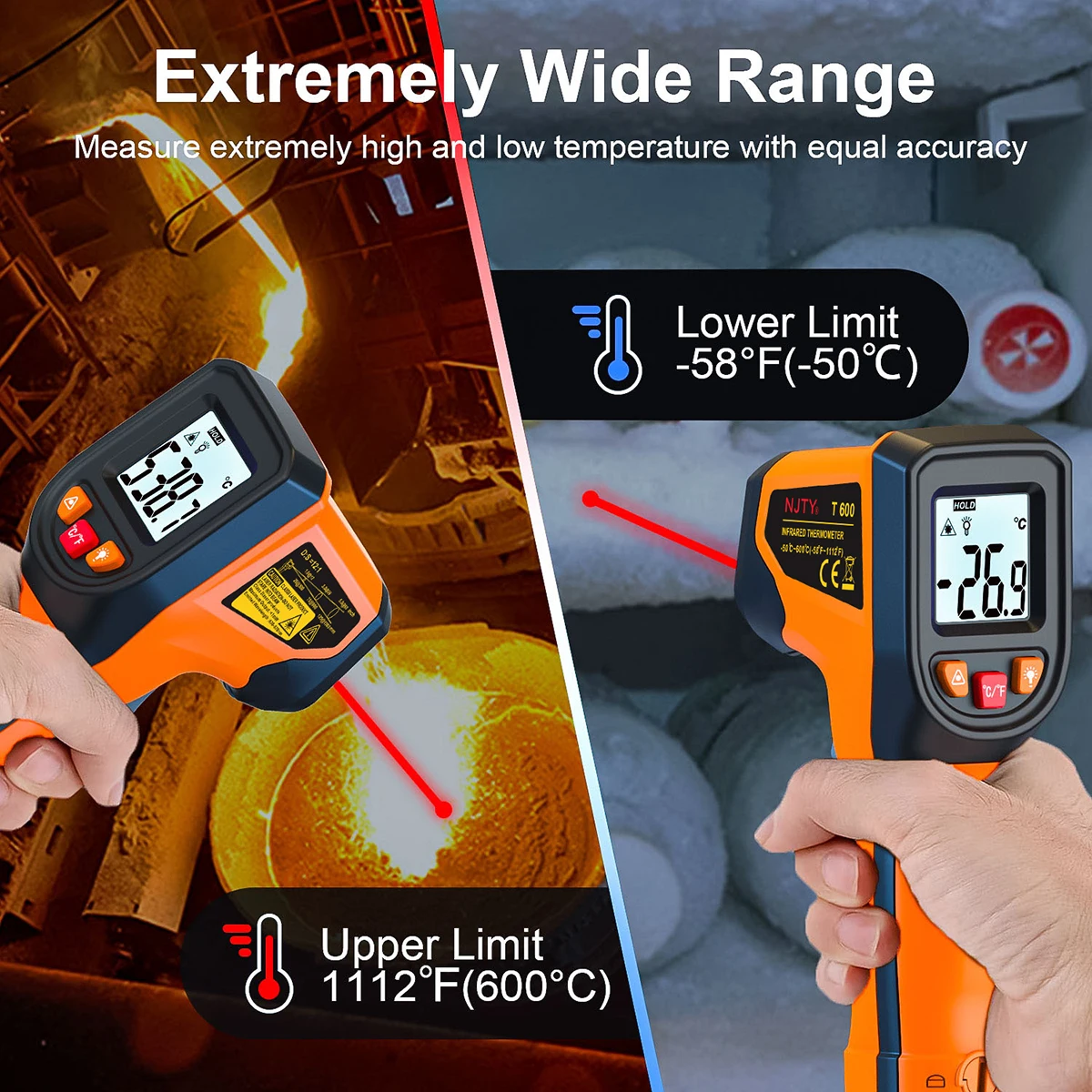 Digital Infrared Thermometer Sensor Handheld Non-contact IR LCD Backlit Display Laser Temperature Gun 600 °C for Household 4
