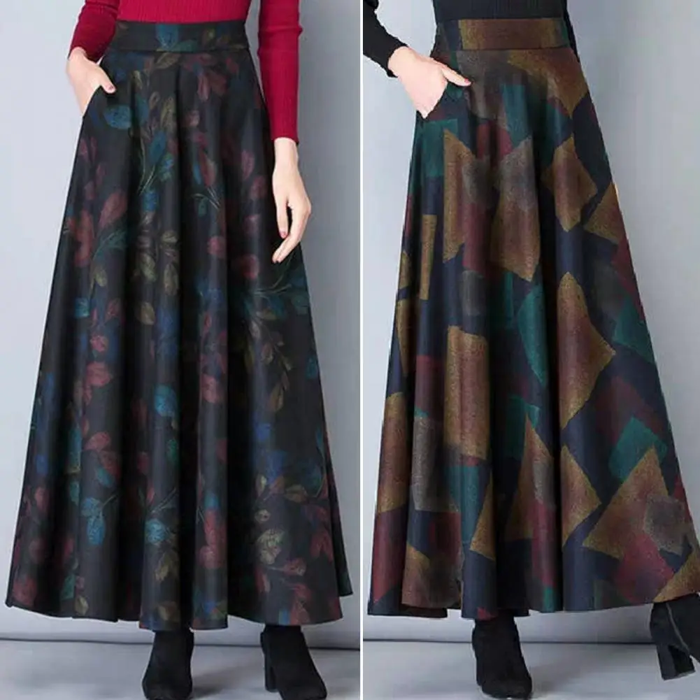 

Elastic Waist Side Pockets Large Hem Plus Size Retro Skirt Autumn Winter Plaid Print High Waist A-Line Maxi Skirt Female Clothin