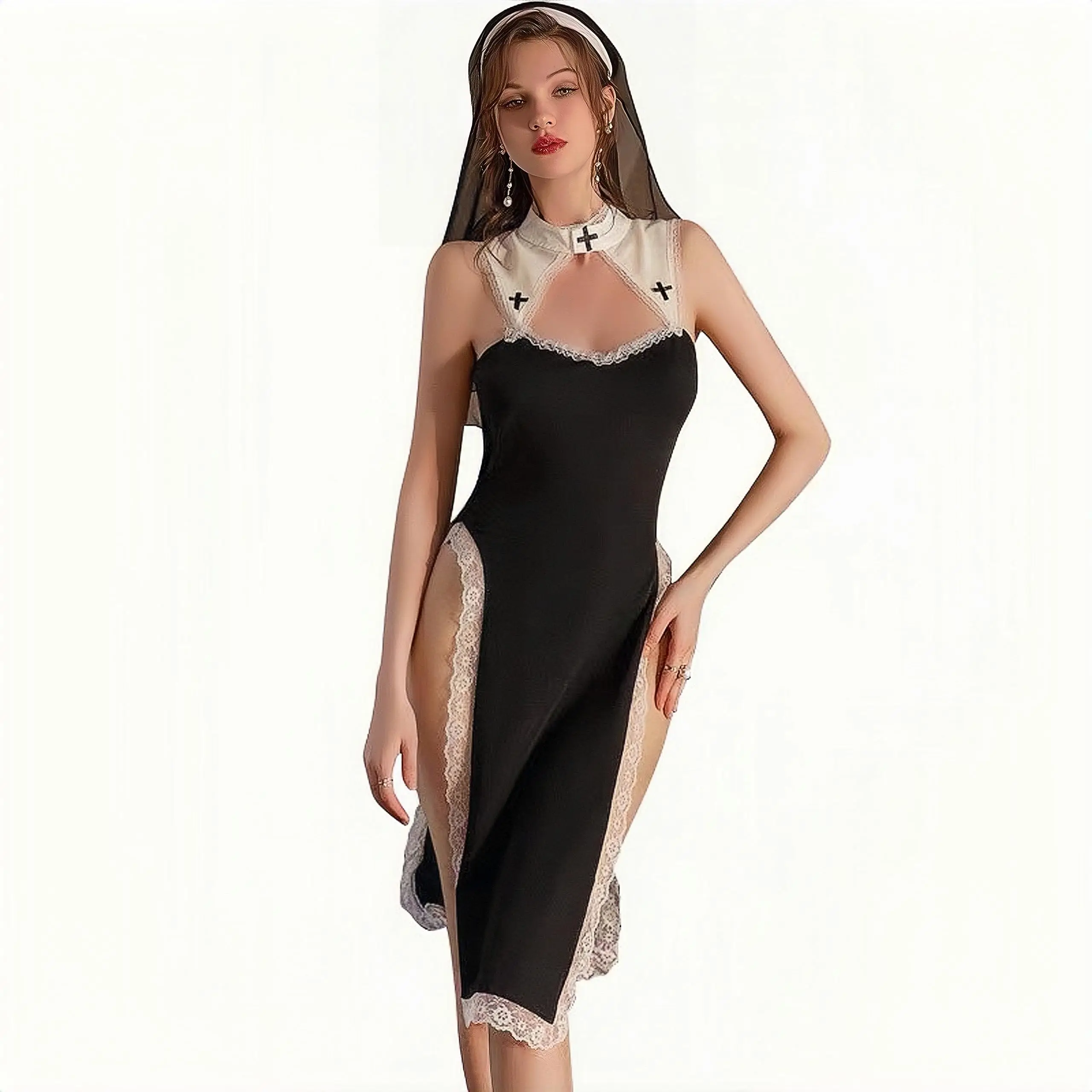 Porno Crotchless Cosplay Nun Dress Lingerie Sexy Nun Costume Anime Devil Women Uniform Roleplay Maid Outfit High Slit Dress Up women lingerie,women lingerie set,women cosplay costume