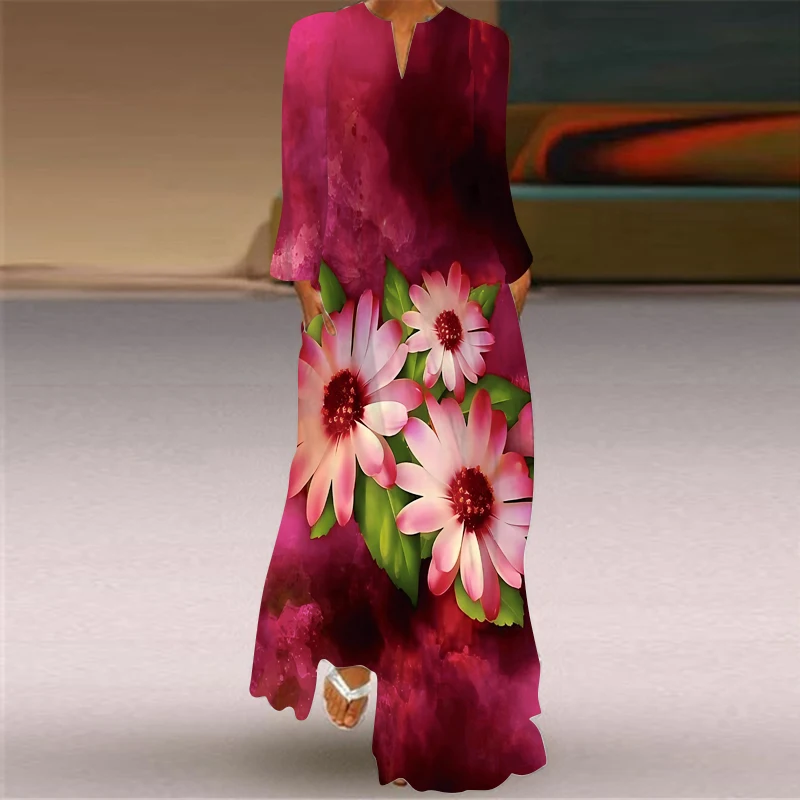 

Женское длинное платье в этническом стиле, длинное платье с винтажным принтом, V-образным вырезом и длинным рукавом, весна-лето 2024