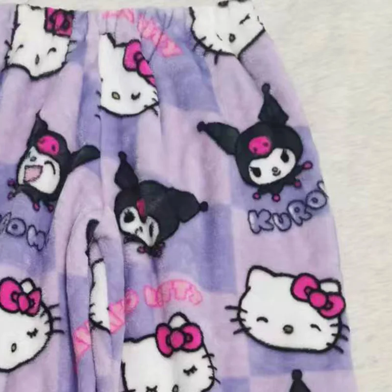 sanrio New Flannel Cartoon Kuromi Hellokitty Sleeping Pants For Women Autumn/Winter/Spring Home Casual Pants Purple