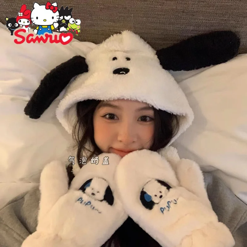 Sanrio Pochacco Plush Adult Hat Japanese Cute Sweet Puppy Cartoon Kawaii Keep Warm Winter Furry Anti-Cold Christmas Day Gifts hnhf pashmina hijab adult winter keep warm zhejiang women outdoor scarf women s scarf winter best