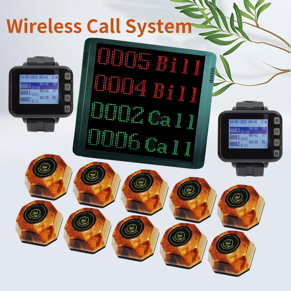 

Wireless Calling System Customer Call Bell with 10 Waterproof Call Buttons and 1 Display Receiver 2 Watch for Restaurant