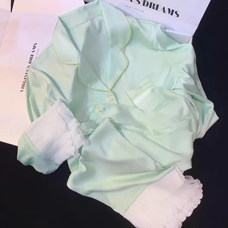 

Пижамный комплект женский из двух предметов, однотонная атласная пижама из искусственного шелка, одежда для сна с длинным рукавом, домашняя одежда, весна-осень