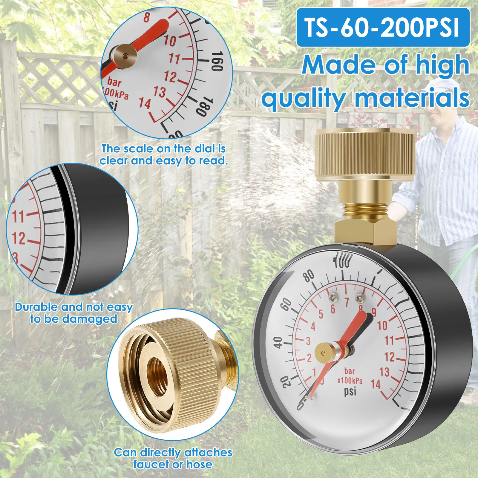 Pressure Gauge Water Pressure Test Gauge TS-60-200 PSI Water Pump for Hose Faucet Garden Hose Fluid Pressure Gauge