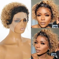 Perruque coupe lutin crépus bouclés perruque de cheveux humains miel blond bordeaux couleur courte bouclée Bob perruques pré plumées 13x1 perruques frontales en dentelle 5
